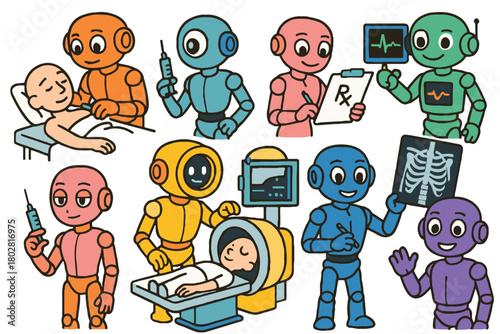 A collection of colorful, anthropomorphic robots interacting with patients and medical equipment, illustrating healthcare assistance and technology.