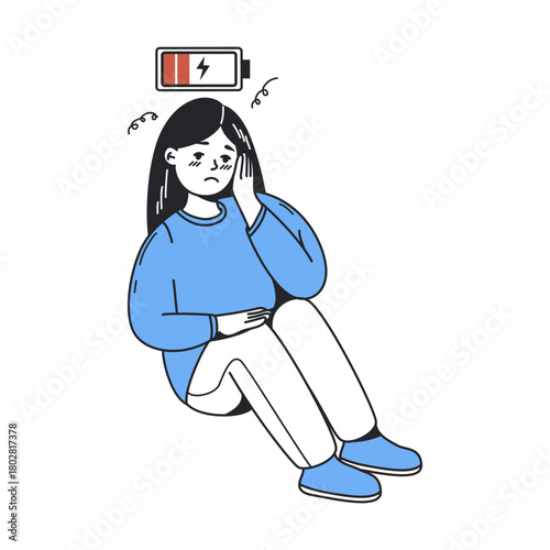 Exhausted woman sitting on floor with sad expression and low battery icon above head, cartoon style on white background. Concept of burnout. Vector illustration