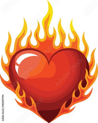 Vibrant illustration of a passionate red heart consumed by energetic, licking flames, symbolizing intense love, burning desire, and powerful emotion, rendered with dynamic visual appeal