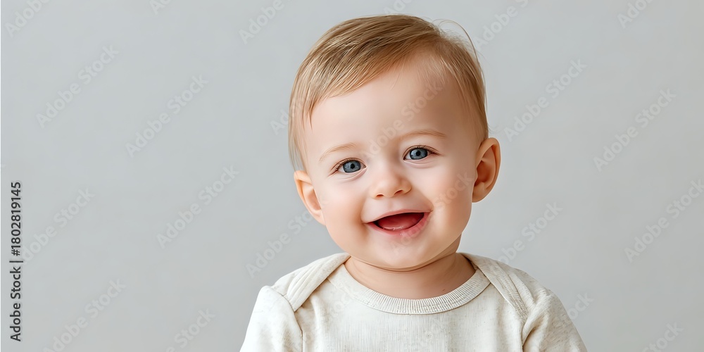 Naklejka premium Happy Caucasian baby with light brown hair smiling against neutral gray background, wearing cream-colored onesie.