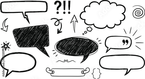 Set of hand-drawn speech bubbles and punctuation marks, perfect for graphic design and communication themes