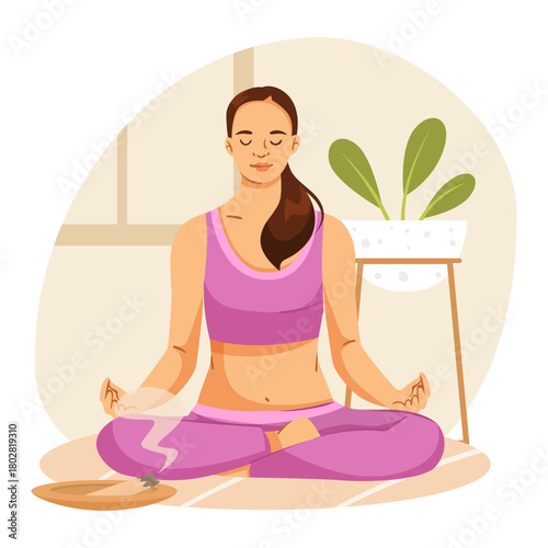 Calm woman practicing meditation in lotus pose with incense, cartoon style on indoor background. Concept of peace and relaxation. Vector illustration