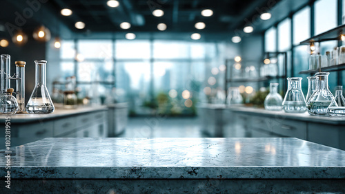 Premier plan avec table, et arrière plan avec scène de laboratoire floue pour mise en avant produit