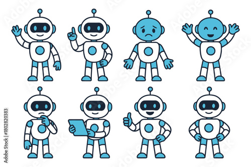 Eight distinct cartoon robots with blue and white accents are depicted in various poses and expressing different emotions, showcasing a friendly and approachable design.