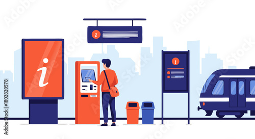 Digital Information Kiosk and Public Transport Station Illustration with Person Navigating Urban Services for Travel and Commuting Needs