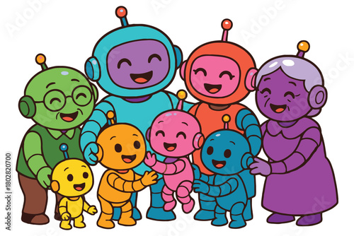 A cheerful, colorful group of cartoon robots, including adults and children, are depicted in a joyful family portrait.