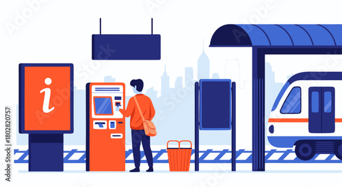 City Commute Man Buys Ticket at Train Station Info Kiosk, Vector Art