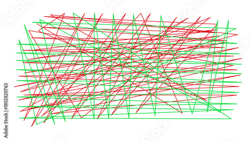 Vector illustration. Chaotic red and green lines, intersecting and overlapping. Bold color and erratic patterns evoke feelings of energy, creativity. Psychological test. Psychology. Mental health.
