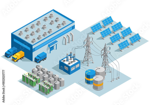 Isometric view of a modern factory with a solar power farm, electrical grid substation, and industrial energy storage units, concept vector 4.eps