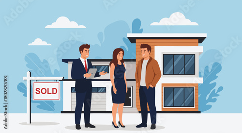 Real estate agent selling house to couple. A sold sign out front depicts property transaction of home