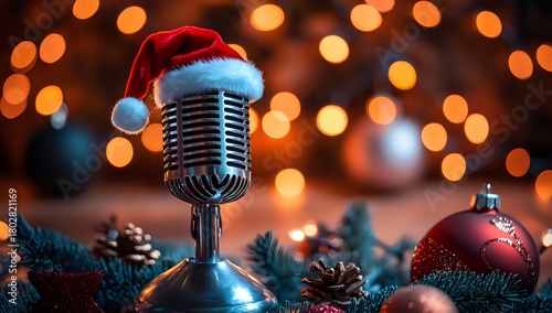 Vintage microphone with Santa hat surrounded by Christmas decorations against warm bokeh lights, perfect for holiday music events.