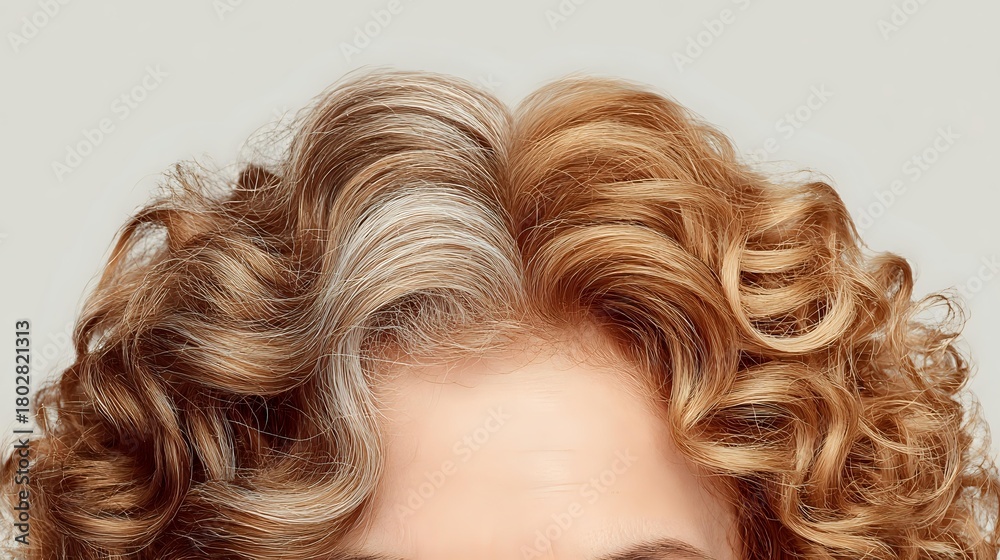 Fototapeta premium Luxurious curly hair with blonde and brown highlights on white background, showcasing natural waves and volume for hairstyle inspiration.