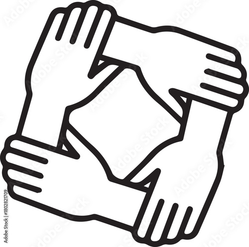 Four hands join together in a square, illustrating unity and support with transparent background