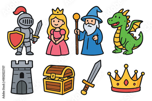 A whimsical collection of hand-drawn cartoon illustrations featuring a knight, princess, wizard, dragon, castle, treasure chest, sword, and crown.