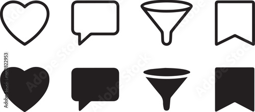 Simple black icons show outlined and filled heart, chat, funnel and banner