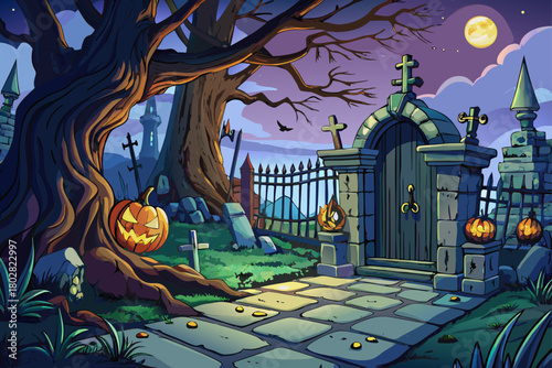 Spooky graveyard entrance at dusk with ancient twisted tree, glowing pumpkins, moody atmospheric lighting, spooky Halloween atmosphere and dark haunted graveyard scenes, perfect for gothic fantasy the