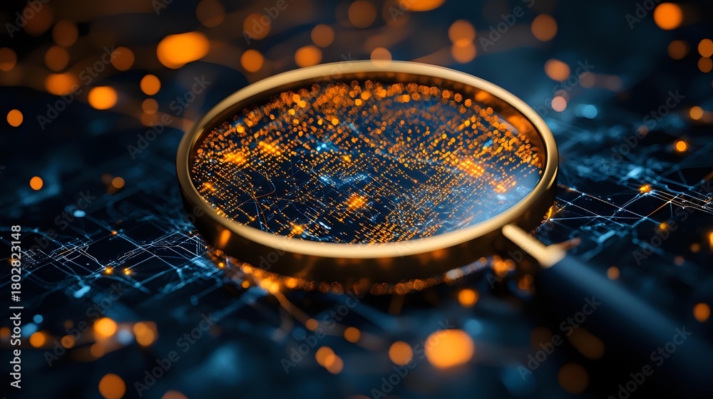 Naklejka premium Magnifying glass on circuit board with glowing orange lights creating futuristic technology concept for digital investigation or data analysis.