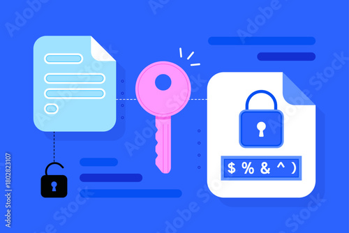 Data encryption. Cryptographic key with encrypted text in cipher protected by lock. Cryptography, cyber security, network encryption, data protection concept. Isolated flat vector illustration