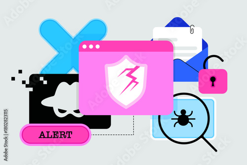 Data breach, cyber attack concept. Various cybersecurity threats. Hackers, malware, spyware, bugs, phishing. Broken shield and security alert. Data protection risks. Isolated flat vector illustration