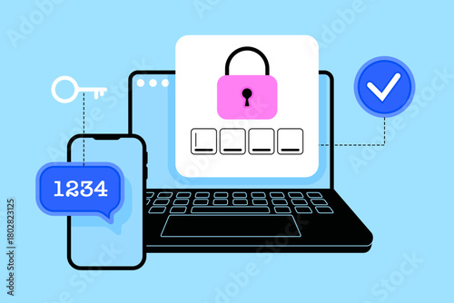 Two factor authentication, user verification. Computer login screen and one-time password sent to mobile phone. Secure authorization for data protection. Isolated flat vector illustration