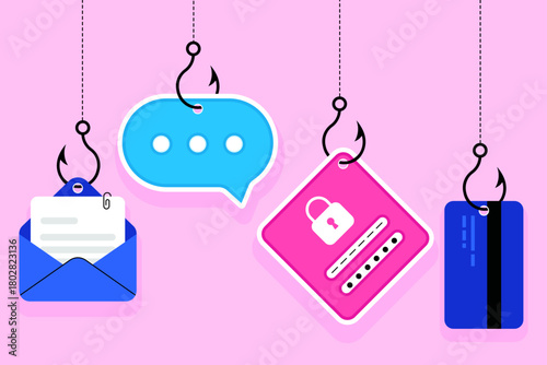 Phishing concept. Cyber scam, online fraud, data theft. Credit card, communication icon, email, credentials hanging on hooks. Compromised or stolen user information. Isolated flat vector illustration