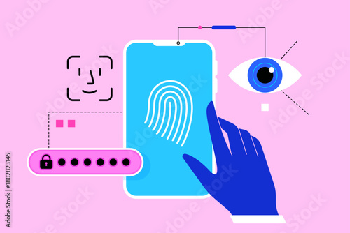 Biometric authentication. Touch, face id, eye scan for identity verification on mobile phone. Using biometrics for information security, data protection. Isolated flat vector illustration