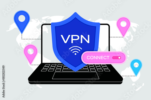 VPN technology, secure connection. Global virtual private network, internet security concept. Computer with a VPN shield on the world map background. Isolated flat vector illustration