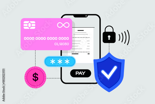 Payment security. Secure online transaction, mobile payment concept. Smartphone with invoice and credit card protected by shield. Safe internet banking app. Isolated flat vector illustration