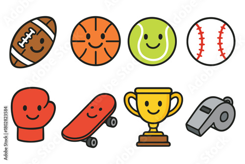A vibrant illustration featuring various sports balls, a boxing glove, skateboard, trophy, and whistle, all with cheerful cartoon faces.