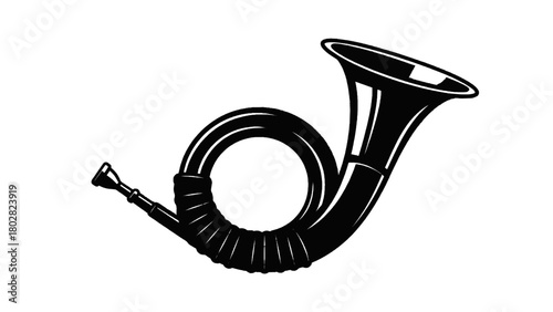 Vector illustration of black silhouette of a hunting horn isolated on transparent background 