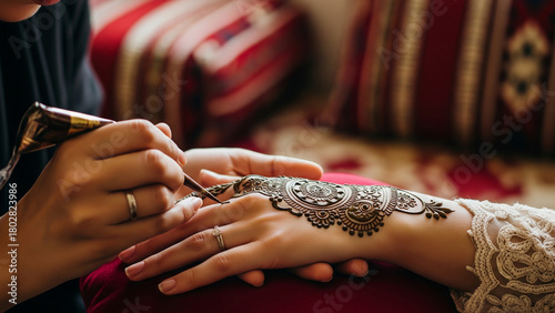 Traditional henna application on bride's hand during mehndi ceremony with ornate design and jewelry