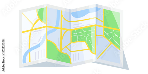 Colorful folded city map with roads, rivers and green parks in flat style on white background. Concept of navigation and travel. Vector illustration