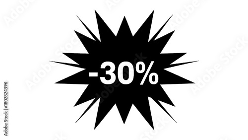 Vector illustration of black starburst with text 30% isolated on transparent background 