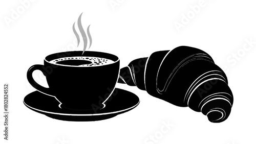 Vector illustration of black silhouette of a steaming cup of coffee and a croissant isolated on transparent background 
