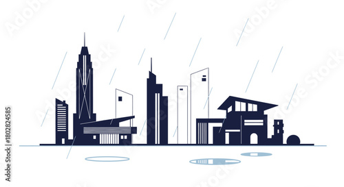 Cityscape silhouette under the rainy sky.