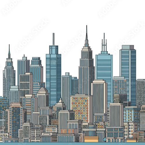 Cityscape of skyscrapers and buildings in urban environment.
