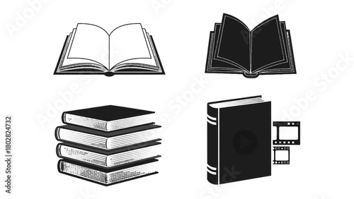 Vector illustration of collection of four book icons, including open books, stacked books, and a book with film strip, isolated on transparent background 