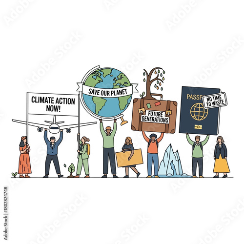 Climate change protest with diverse people.