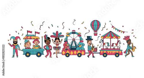 Colorful Circus Parade with Performers and Decorations.