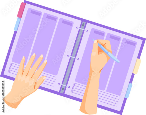 Hands writing in an open purple planner with a pen, flat style on white background. Concept of planning, organization, and productivity. Vector illustration