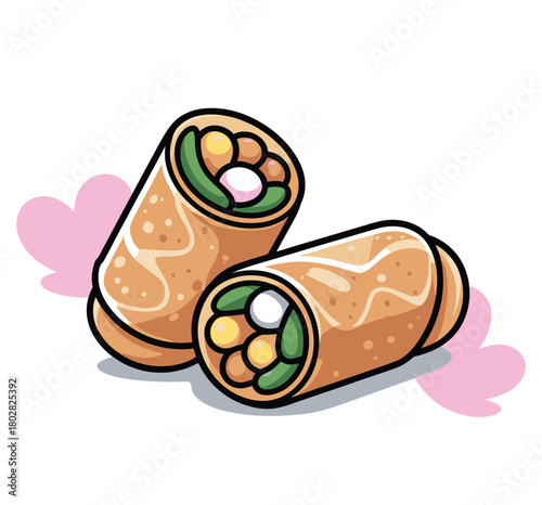 Two cartoon spring rolls with pink cloud shapes behind them illustration