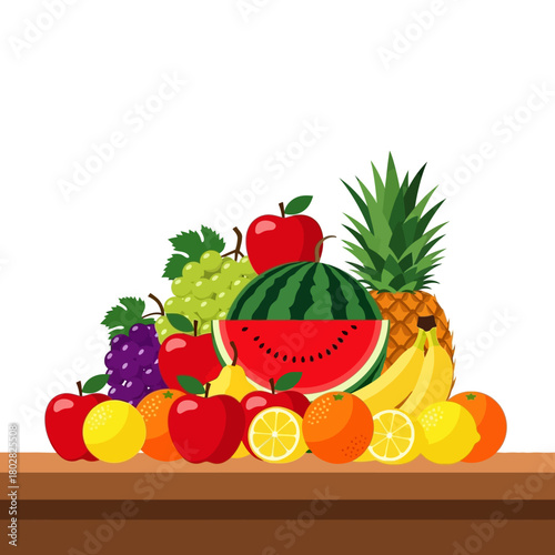 Colorful fruit assortment on a wooden table.