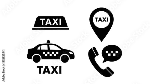 Vector illustration of taxi service icons including car, sign, location pin, and phone isolated on transparent background 