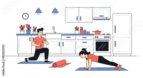 Couple exercising at home in the kitchen.