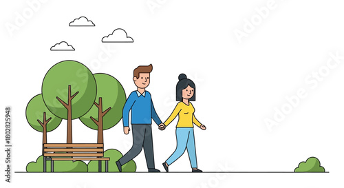 Couple holding hands walking in the park.
