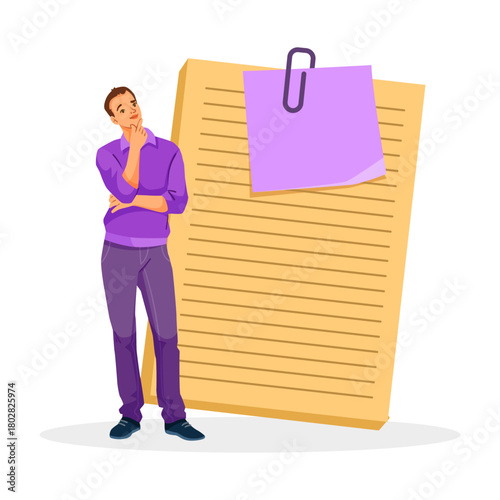 Thoughtful man standing by oversized lined paper with a purple sticky note clipped on top, isolated on white background. Concept of planning. Vector illustration