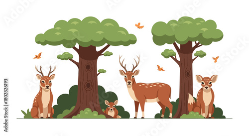 Deer Family in the Forest Scene.