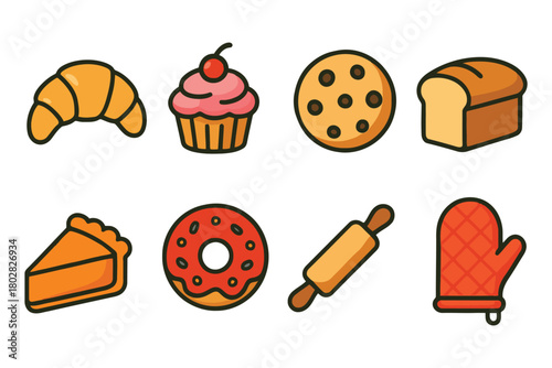 This vibrant illustration features a croissant, cupcake, cookie, bread loaf, pie slice, donut, rolling pin, and oven mitt.