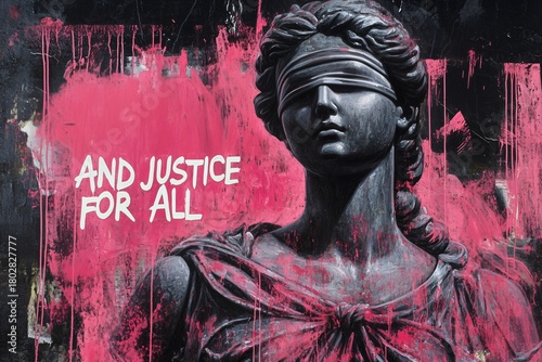 Blindfolded lady justice statue with a street art background and the text and justice for all. Concept of equal rights for protest activists and lawyers.
