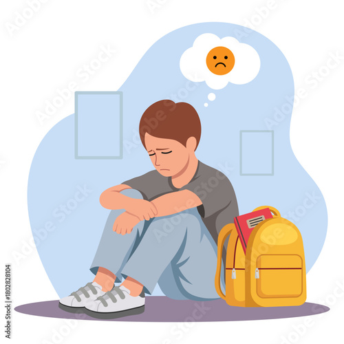 Depressed boy sitting on floor with arms on knees, yellow backpack beside him, sad face thought bubble, flat style, indoor background. Vector illustration